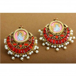 Traditional Krishna Gold Plated Chandbali Silver Earrings for Women and Girls