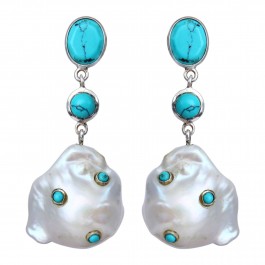 Shell Pearl Turquoise Stud Drop Earrings