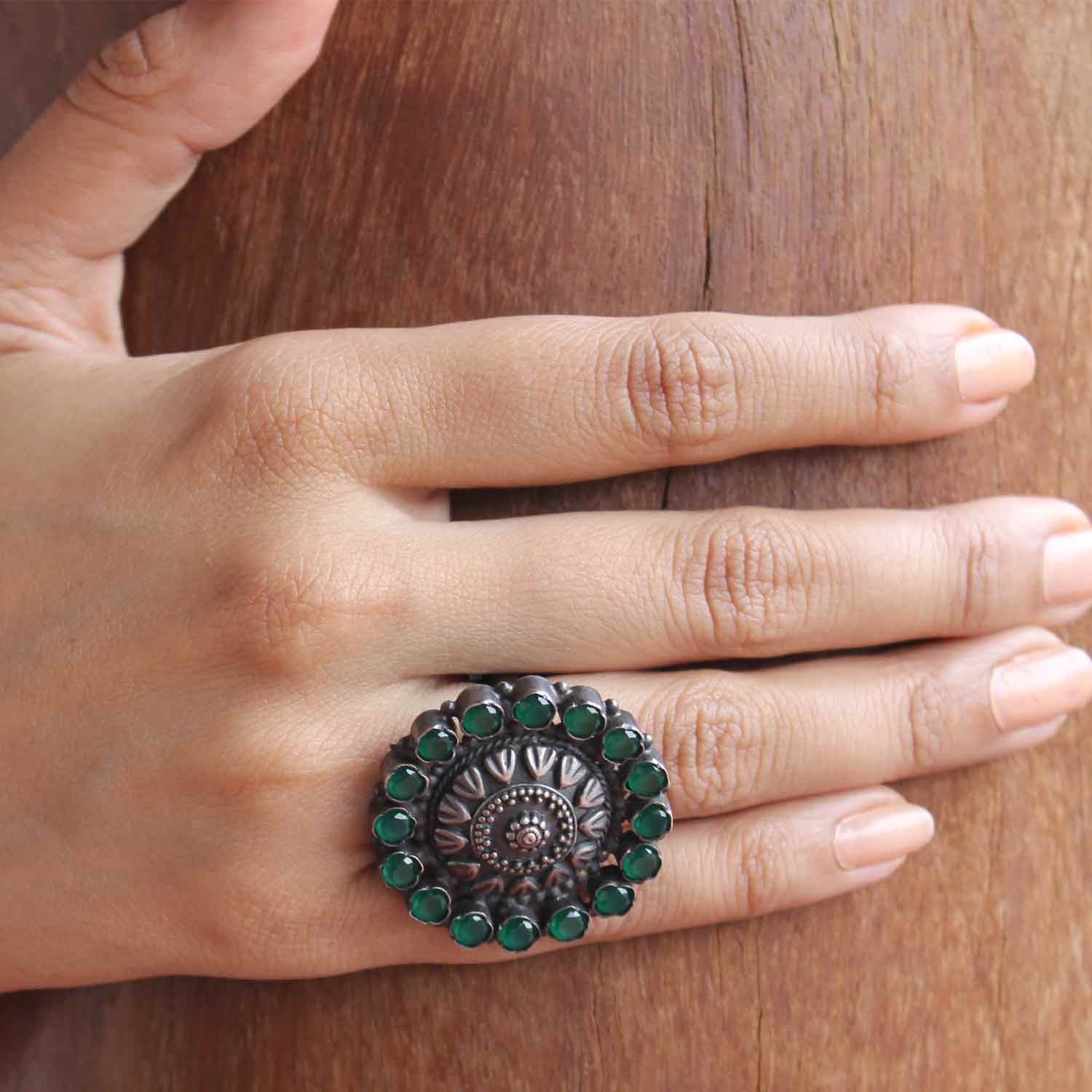 Hariyali Green Silver Statement Ring - Adjustable