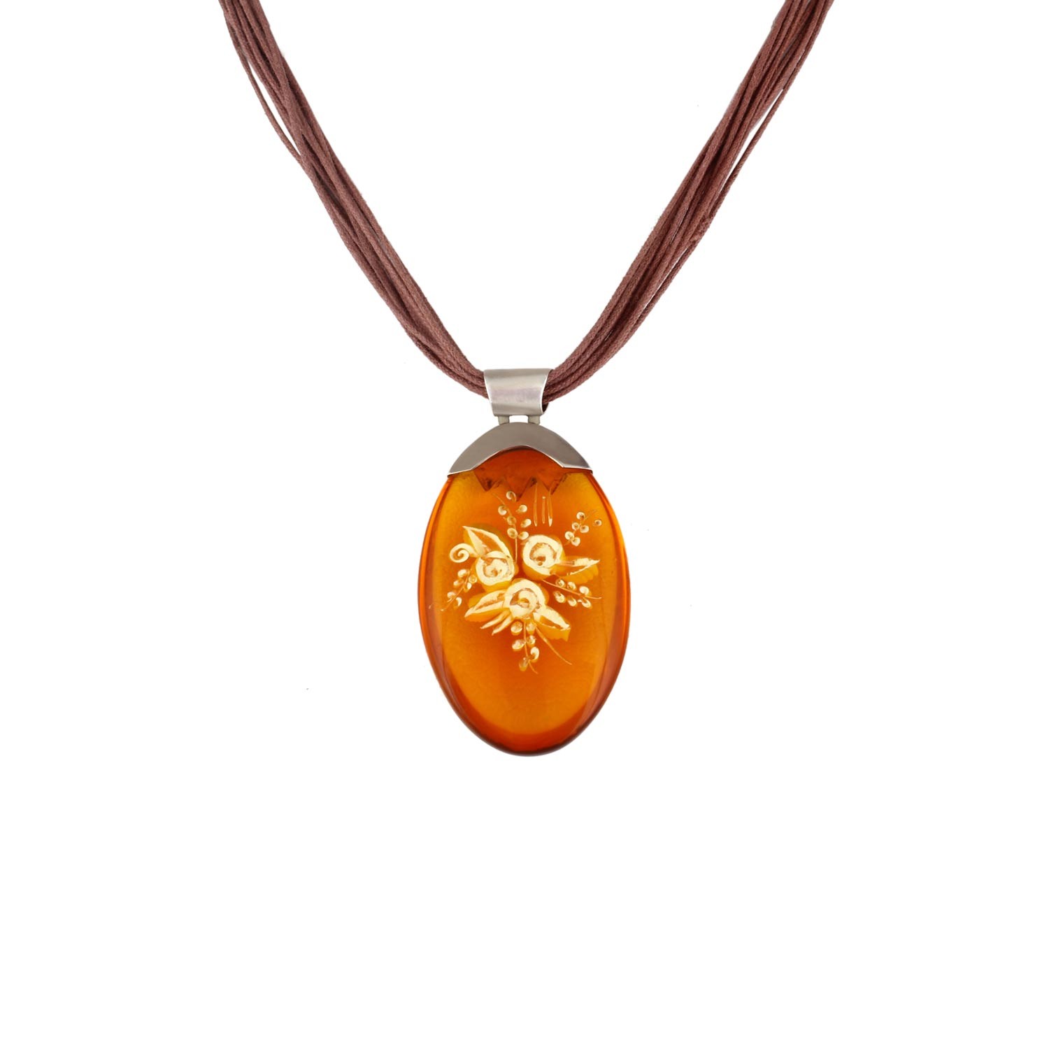 Floral Oval Plastic Amber Pendant