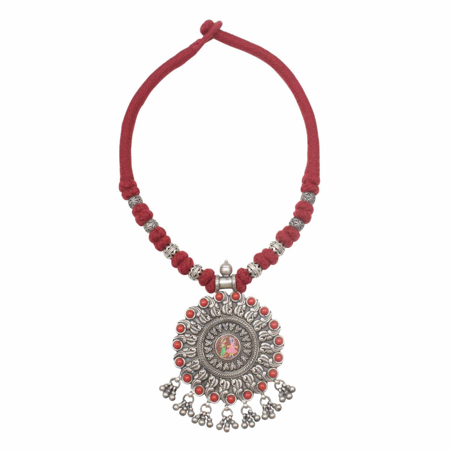 Krishna Radha Red Silver Necklace