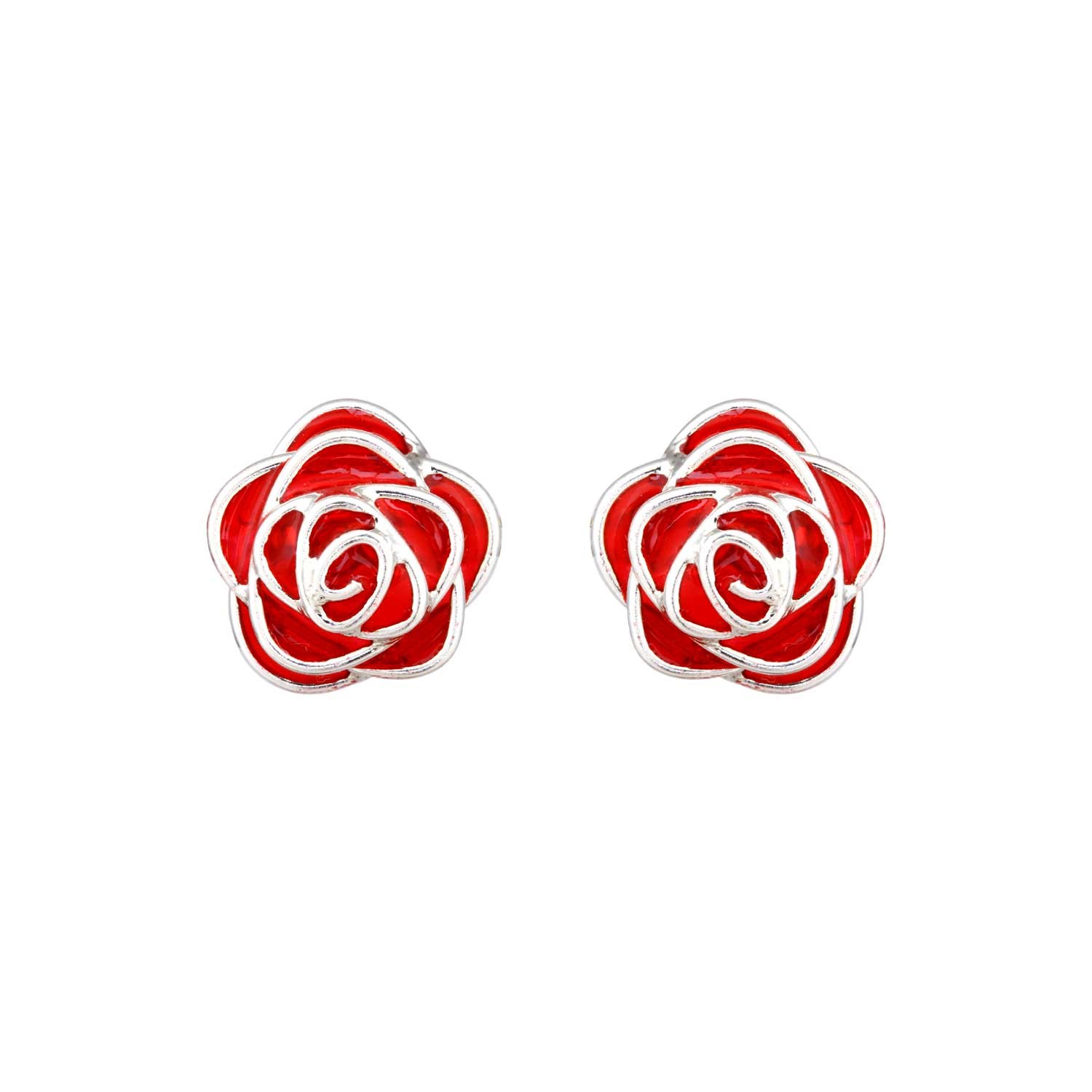 Red Enamel Rose Earrings Stud for Women and Girls