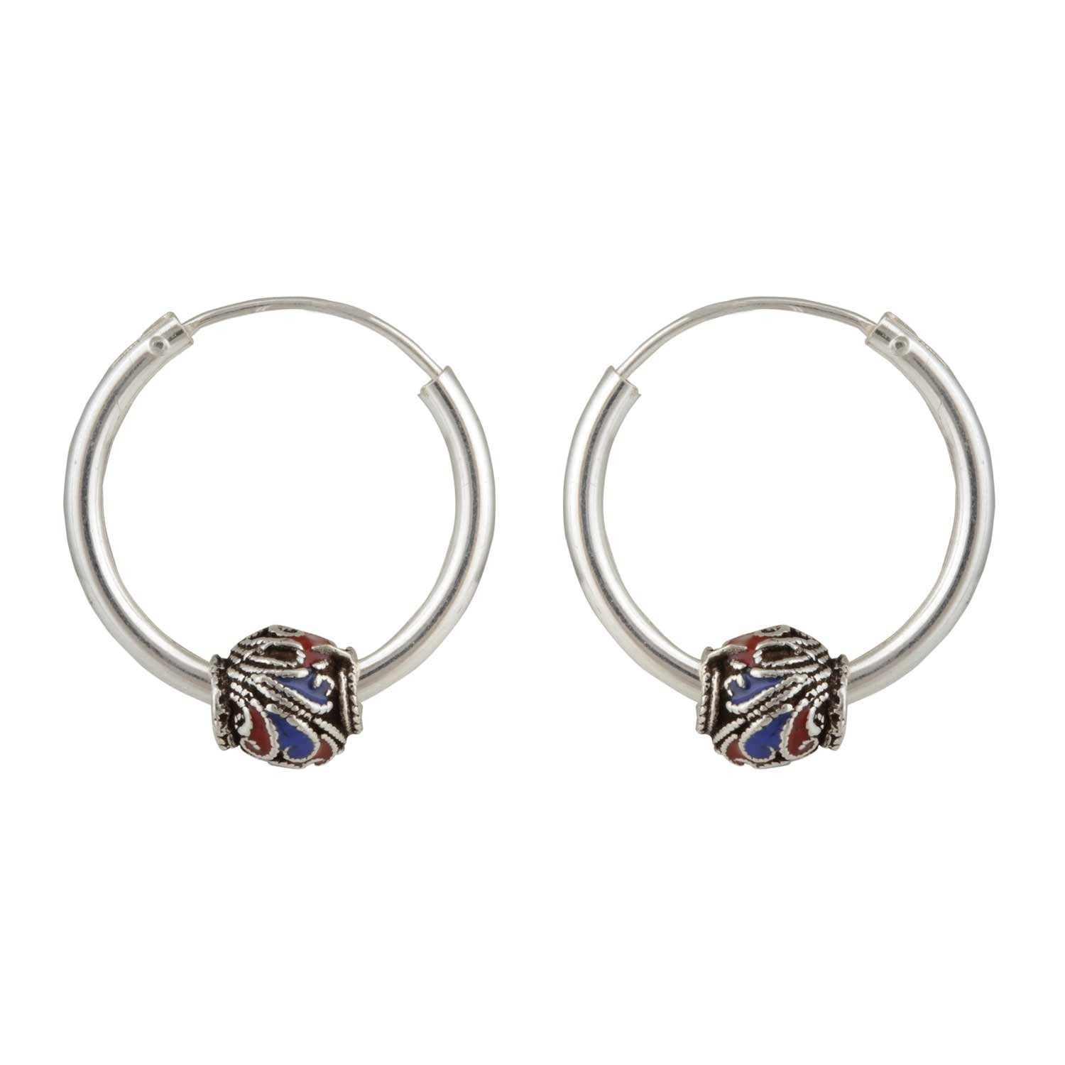 Floral Red Blue Silver Hoop Earrings for Women and Girls