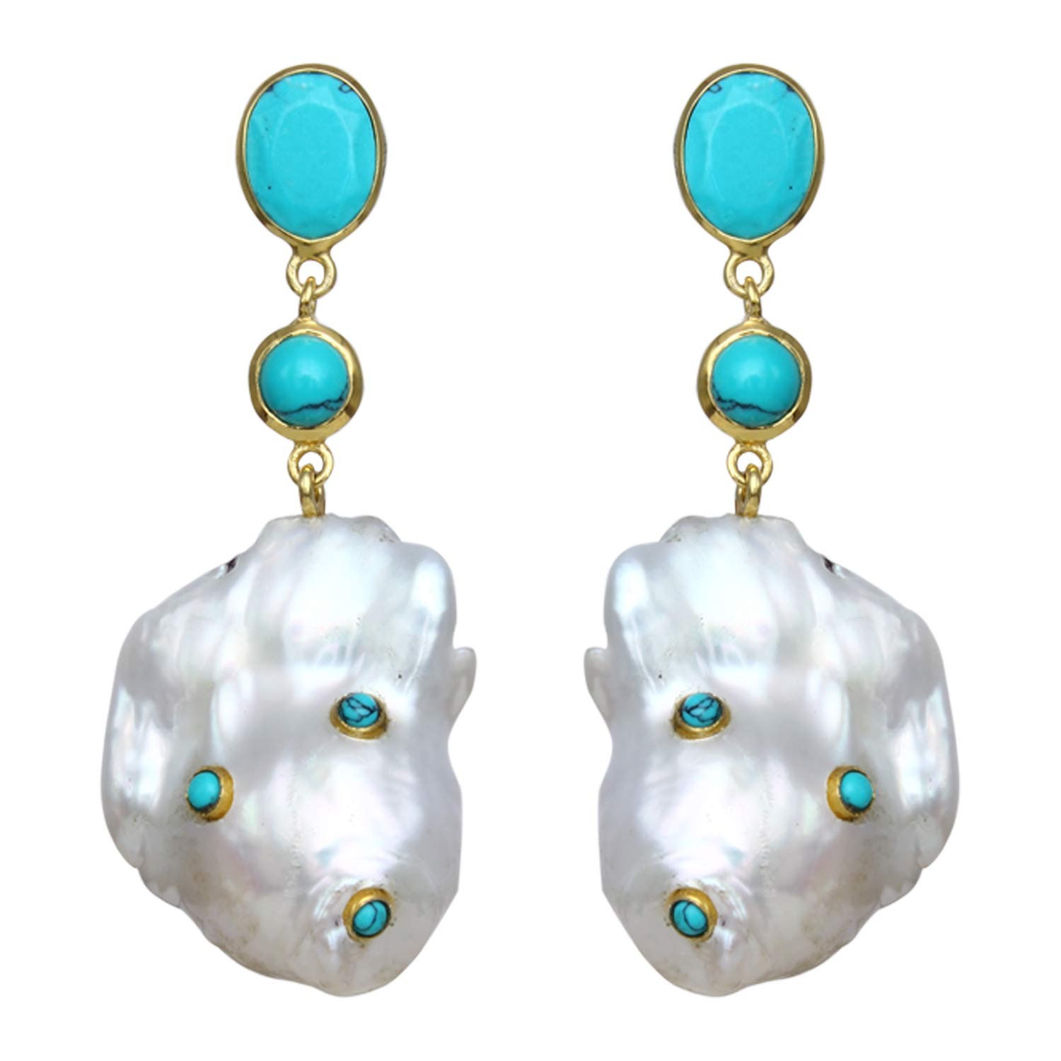 Golden Shell Pearl Turquoise Stud Drop Earrings