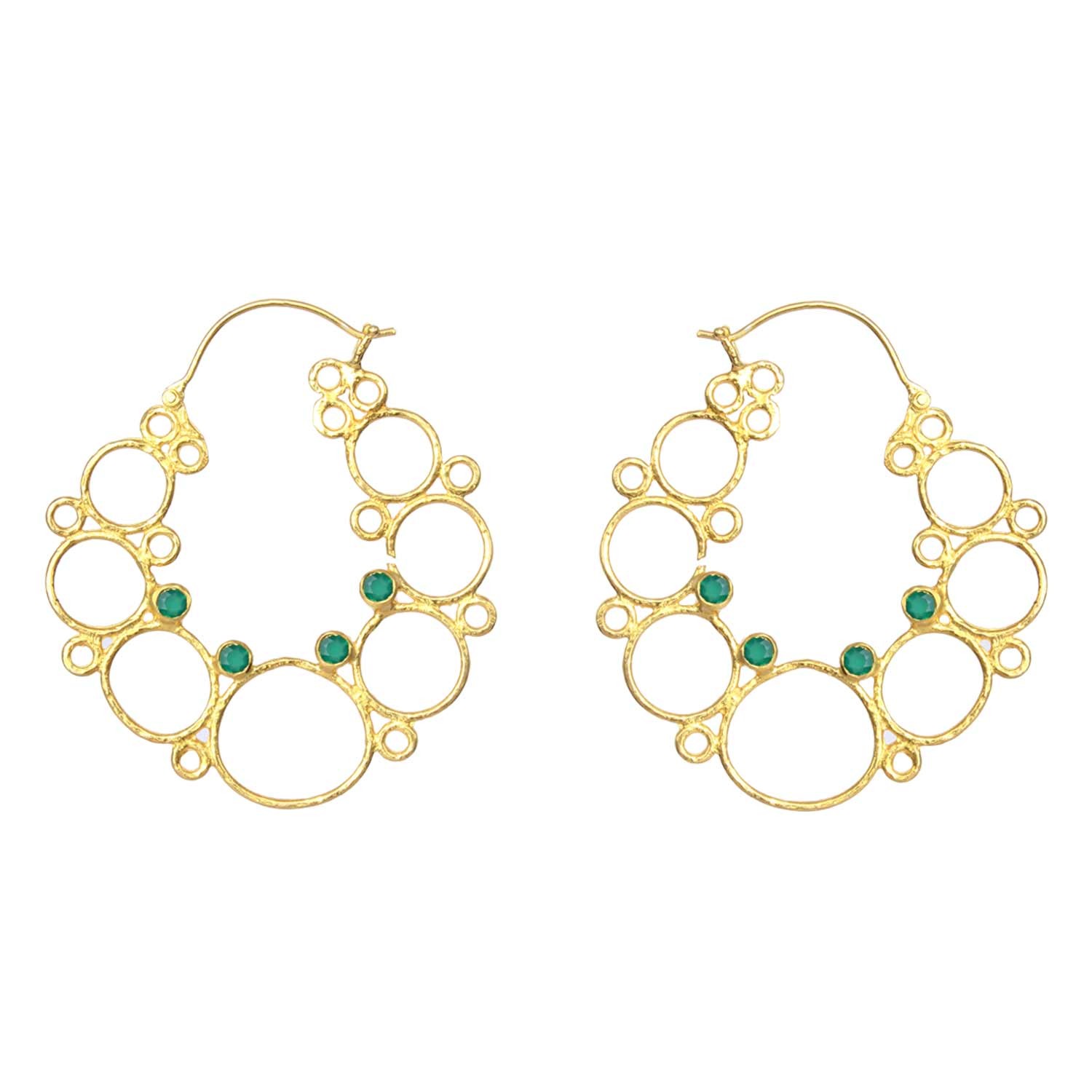 Gold Plated Green Onyx Silver Hoops