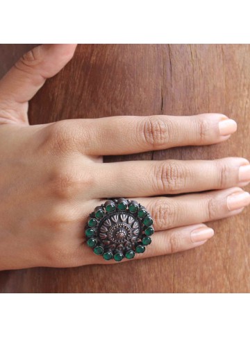Hariyali Green Silver Statement Ring - Adjustable