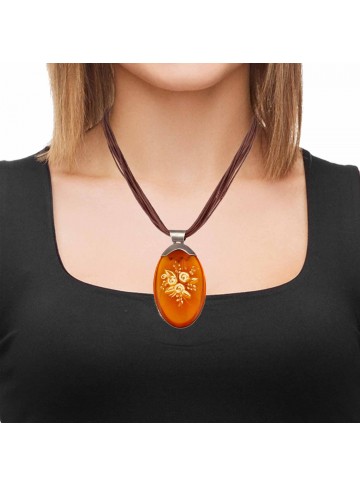 Floral Oval Plastic Amber Pendant