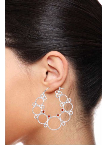 Concentric Circle Garnet Onyx Silver Hoop Earrings 